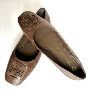 NEW TORY BURCH GEORGIA EEL LEATHER BALLET FLATS SQUARE TOE SHOES SEPIA, …